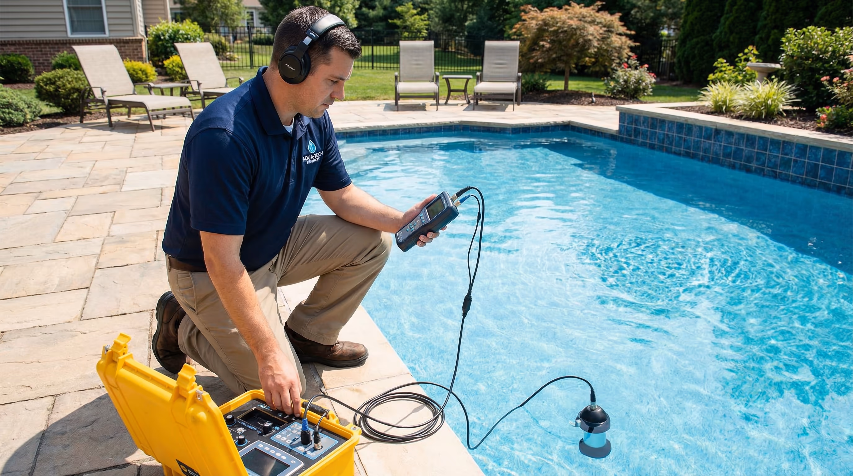 Técnico usando equipamento para detectar vazamento em piscina