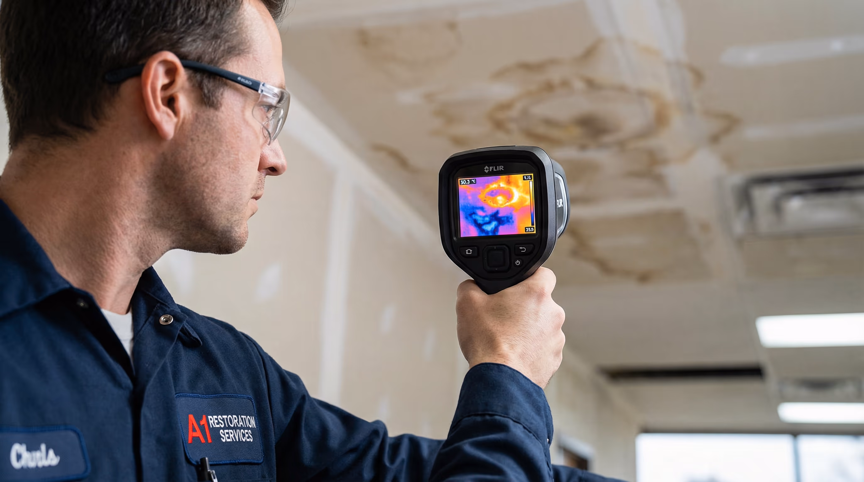 Profissional inspecionando manchas no teto com câmera termográfica