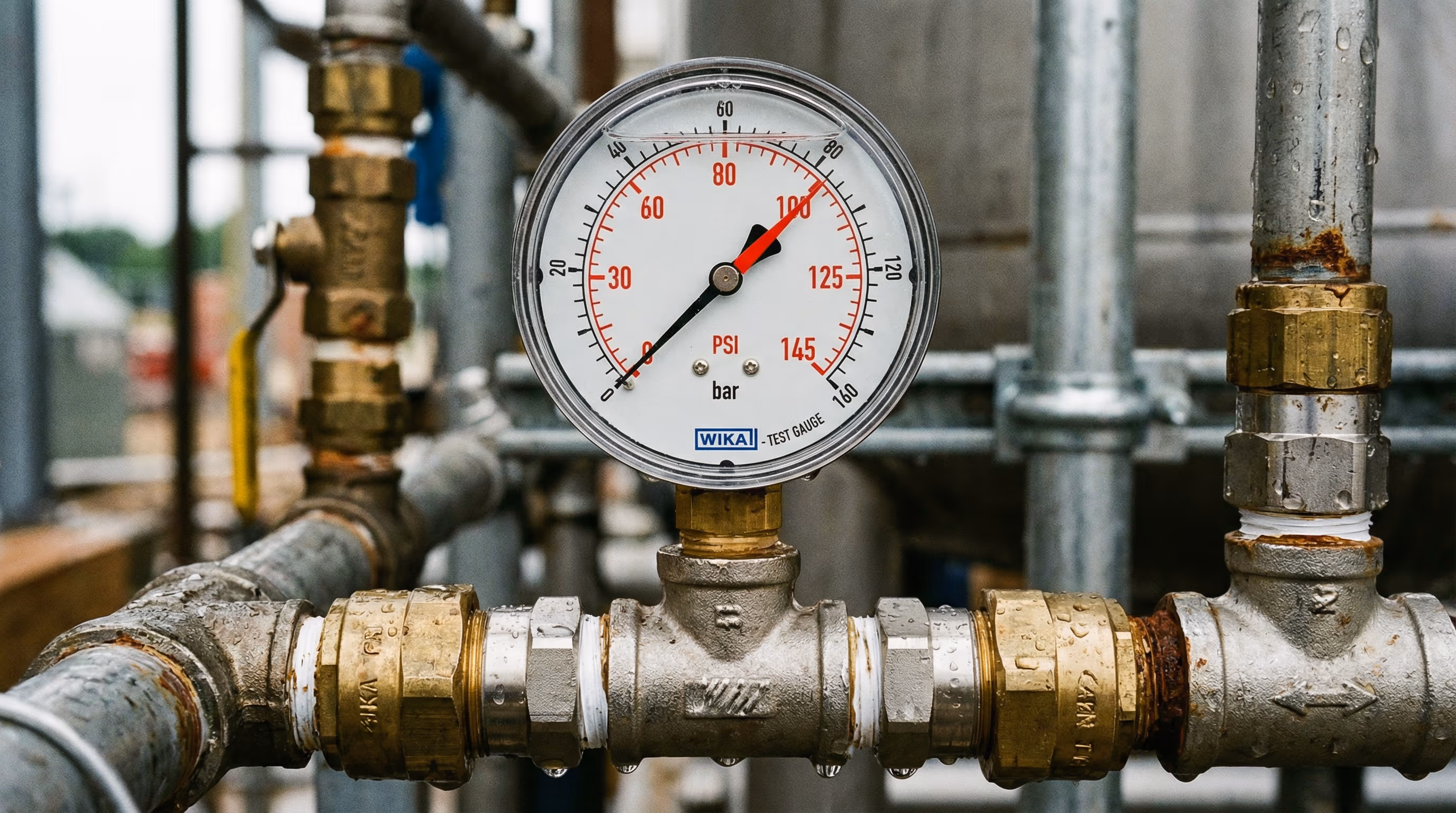 Manômetro mostrando pressão durante teste de estanqueidade em tubulação