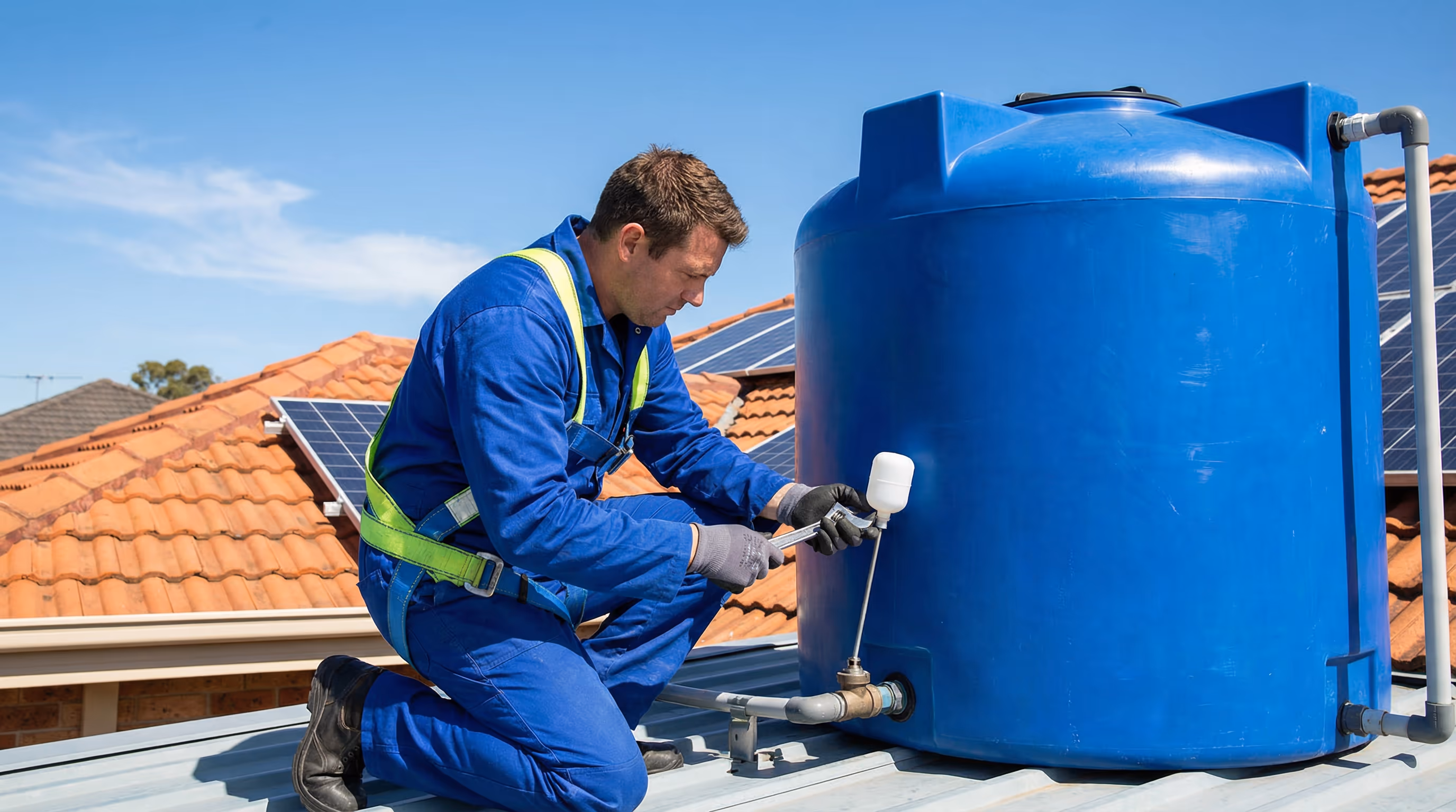 Técnico realizando manutenção em caixa d'água no telhado