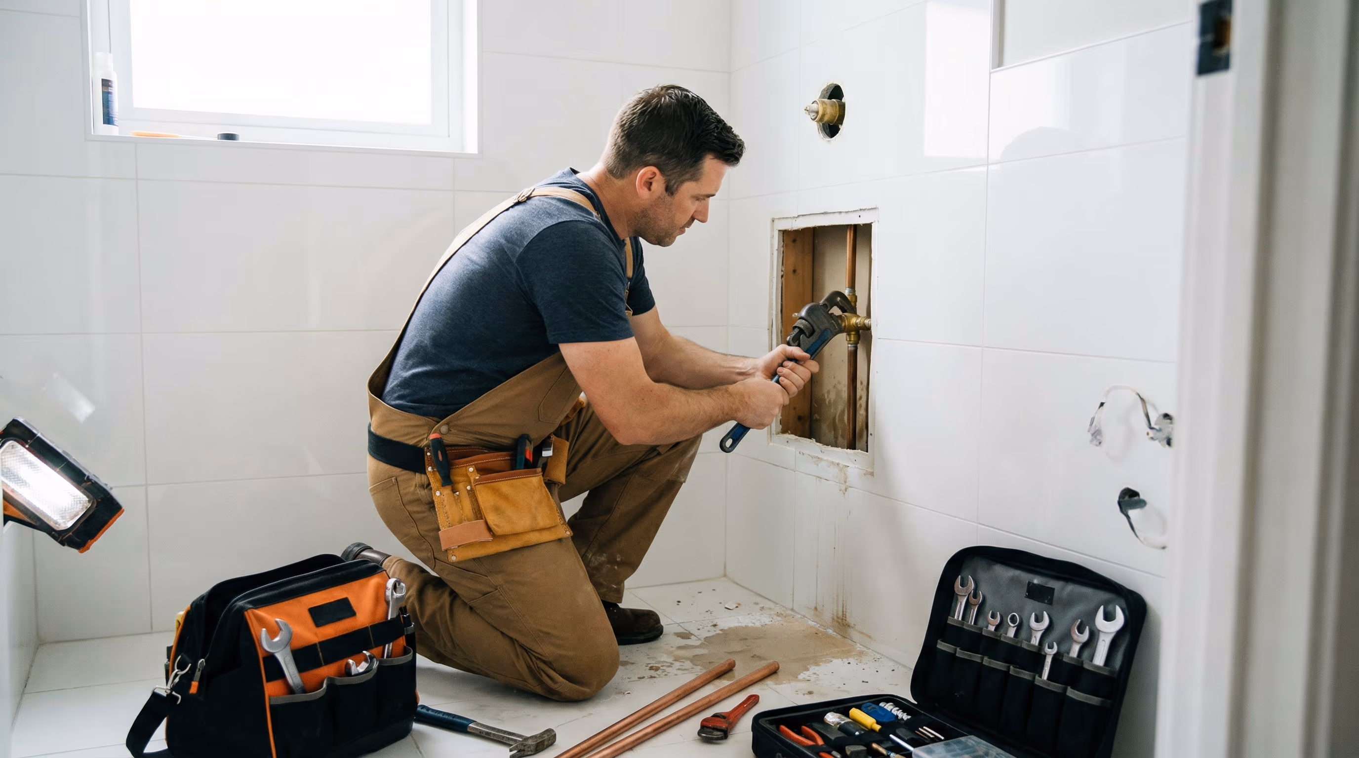 Encanador reparando conexão do chuveiro na parede do banheiro