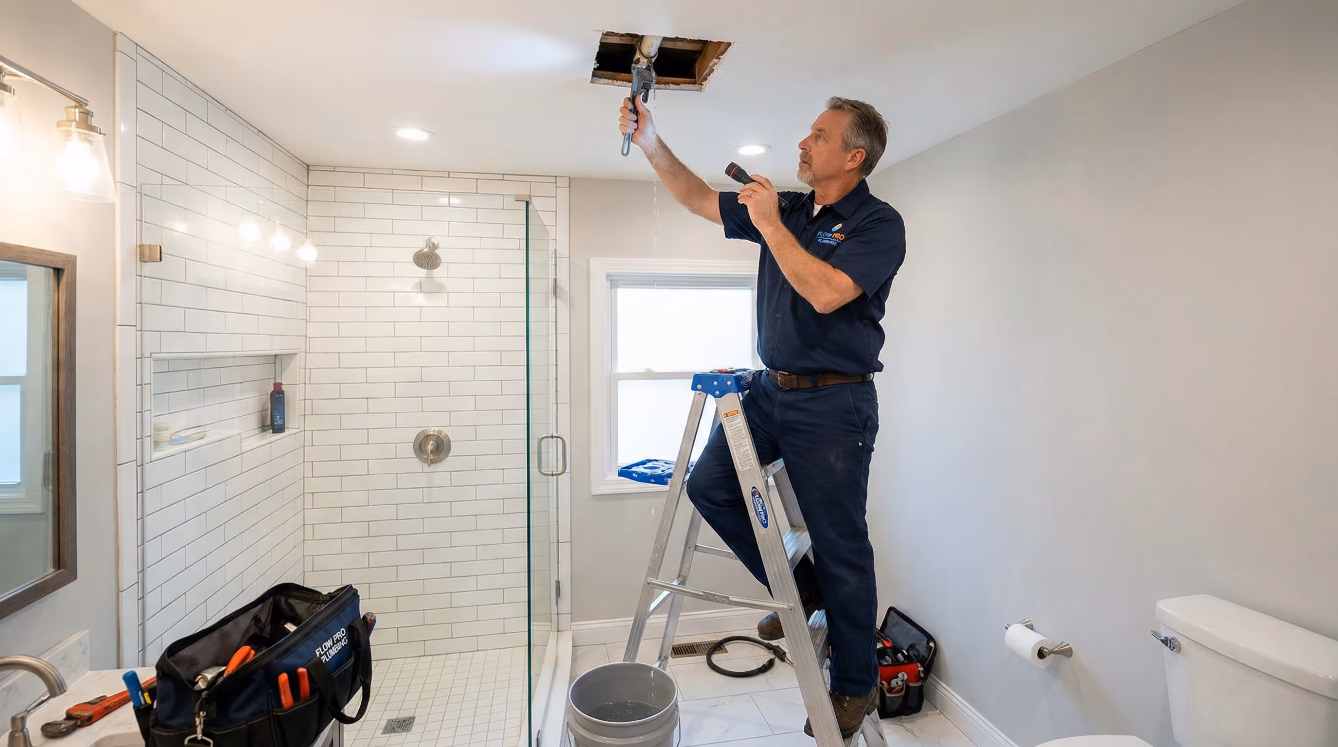 Técnico reparando vazamento no teto de banheiro